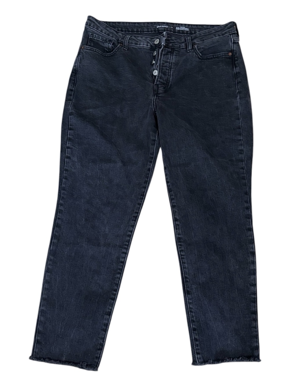 Women’s Old Navy Black Straight Leg Button Fly High Rise Jeans Raw Hem Size 14